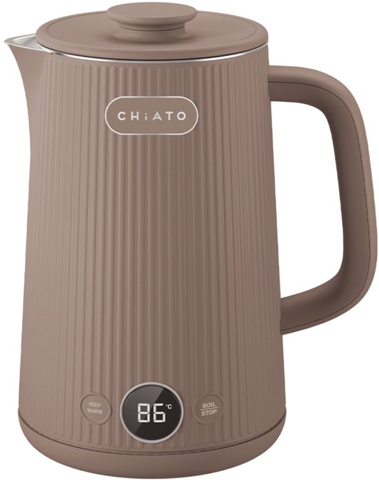 Bruine CHiATO elektrische waterkoker met ribbelpatroon, 1,7 liter. Met 'KEEP WARM' en 'BOIL STOP' knoppen en een digitaal display.
