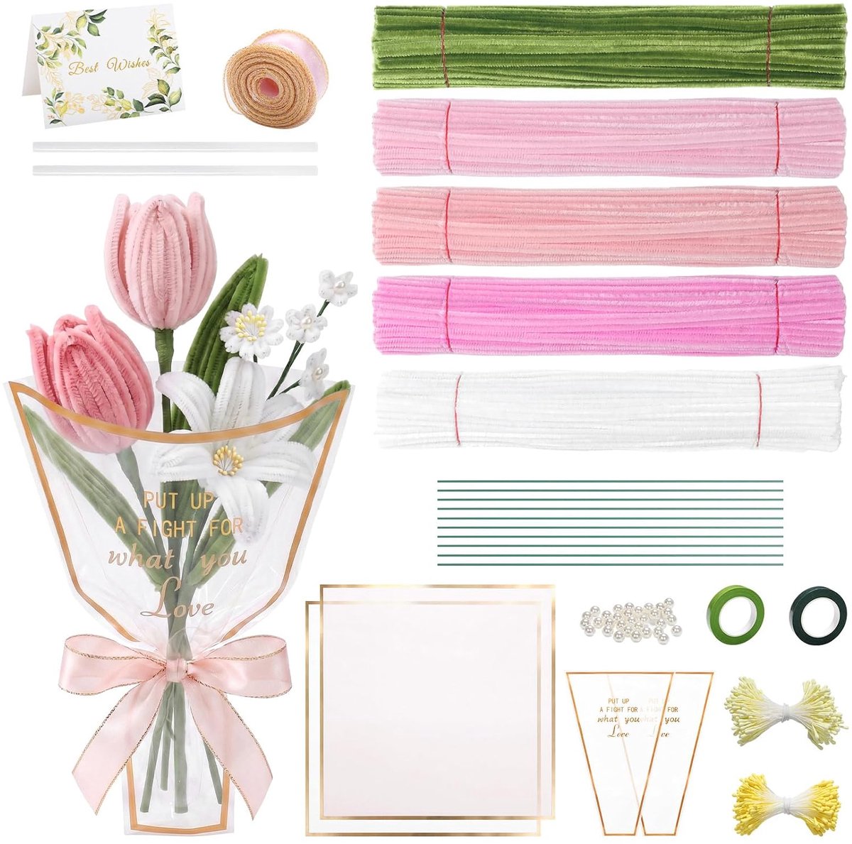 Borstelset, zachte chenilledraden om te knutselen, kit voor bloemen en doe-het-zelfdecoraties, creatief materiaal voor kinderen en volwassenen (500 roze)
