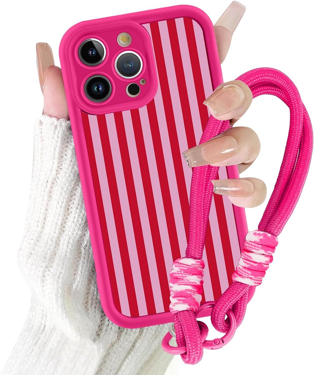 Beschermhoes voor iPhone 16 Pro met nekkoord, esthetische zomerstrepen, strepenpatroon, beschermhoes met schouderriem, halsketting, oudroze, siliconen bumperhoes voor iPhone 16 Pro 6,3 inch