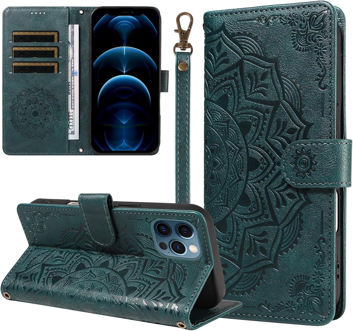 Hoesje voor iPhone 13 Pro Max, PU Telefoonhoesjes met Kaartsleuven, Beschermhoesje voor para iPhone 13 Pro Max, Groen