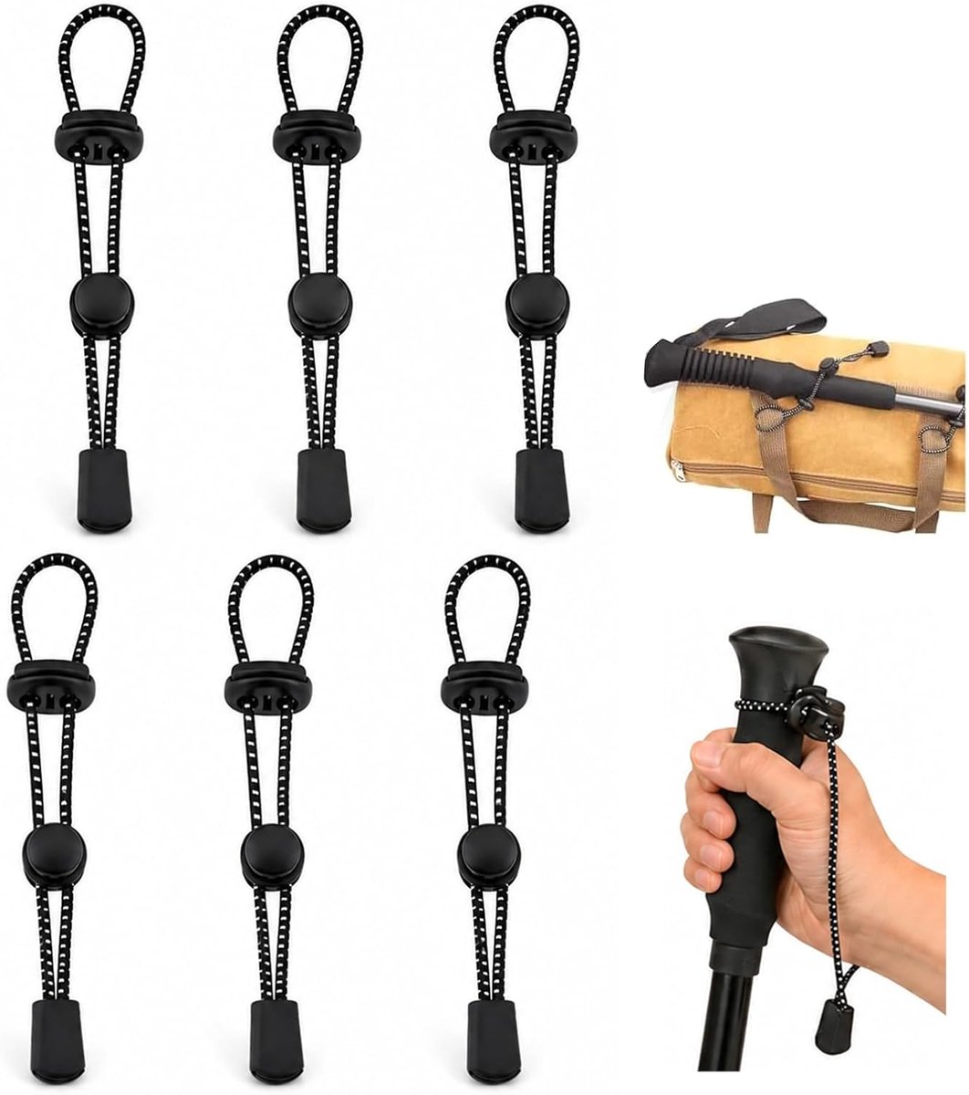6x accessoires trekking bergen – elastisch koord 19cm voor wandelstokken, bevestigingsclip trekkingstokken met gesp voor rugzak