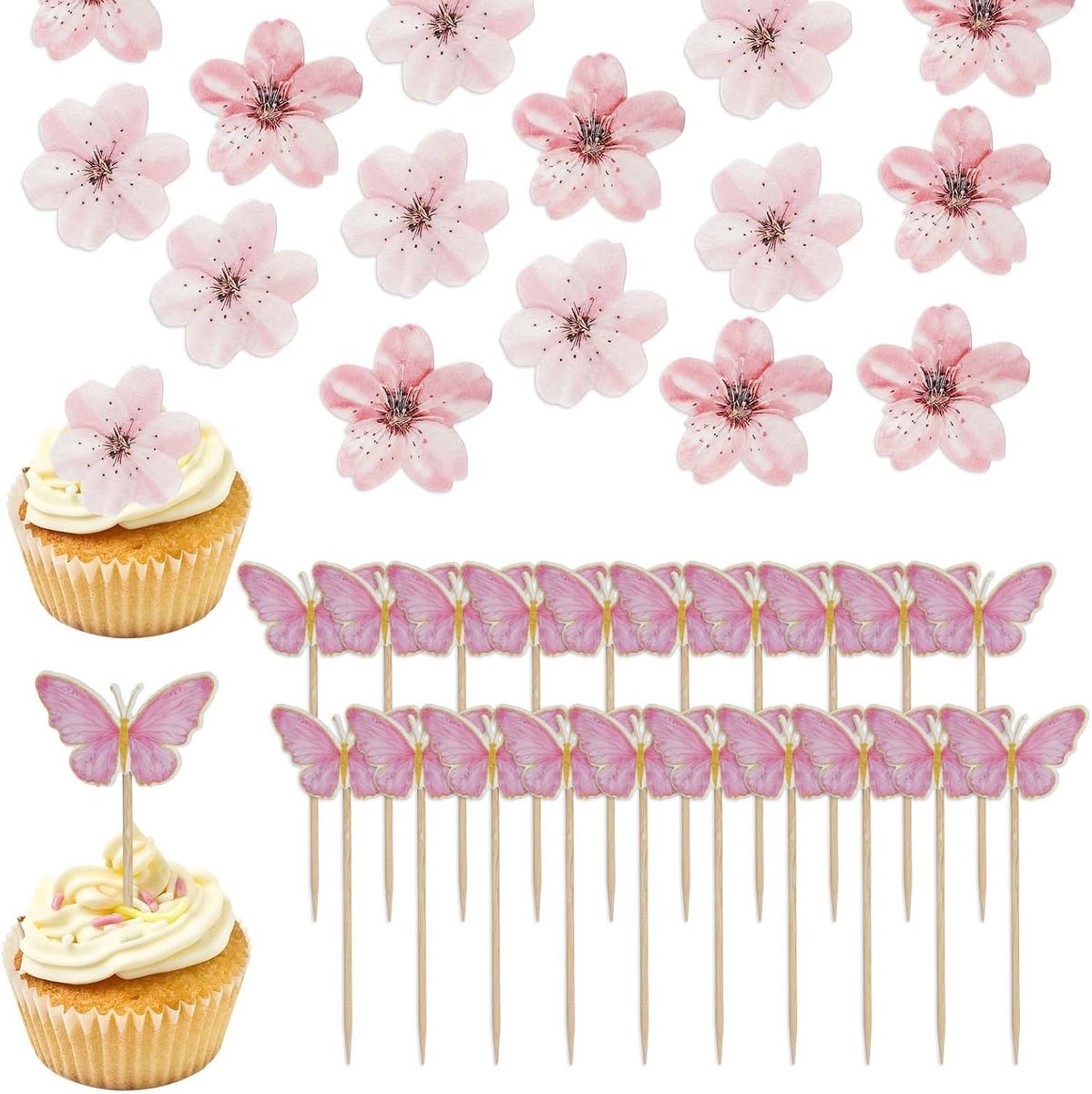 Eetbare taartdecoraties – 50 eetbare kersenbloesemtaartdecoraties + 20 vlinder cupcakeprikkers, vlinder cupcake toppers voor verjaardagen, bruiloften, doopfeesten en jubilea
