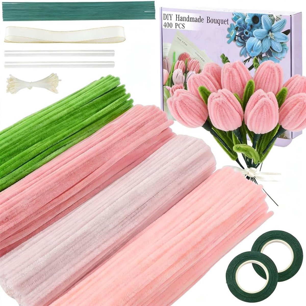 400 stuks pijpenreinigers, bloemenset, doe-het-zelf tulpen, bloemenboeket, knutselset, 4 kleuren chenilledraad met bloemdraad, plakband, plakstiften, doe-het-zelf handgemaakt boeket voor