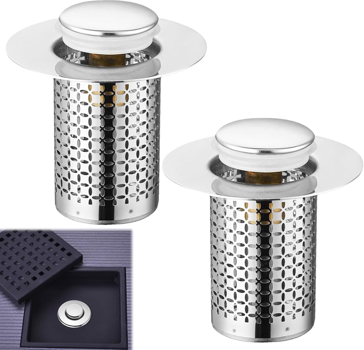 Set van 2 universele pop-up wastafelstoppen, stop met verstoppingsfilter van roestvrij staal, voor badkamer en keuken, 34-40 mm, duurzaam design