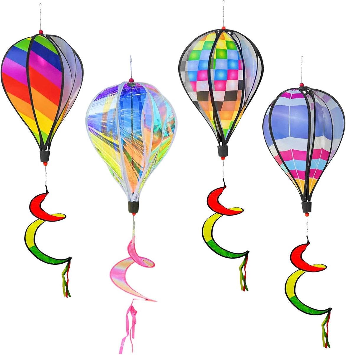 4 stuks heteluchtballon windspinner: windspelletjes voor buiten hangend, regenboog tuinwindmolens wervelende regenboog gestreepte windspinner draaiende pailletten