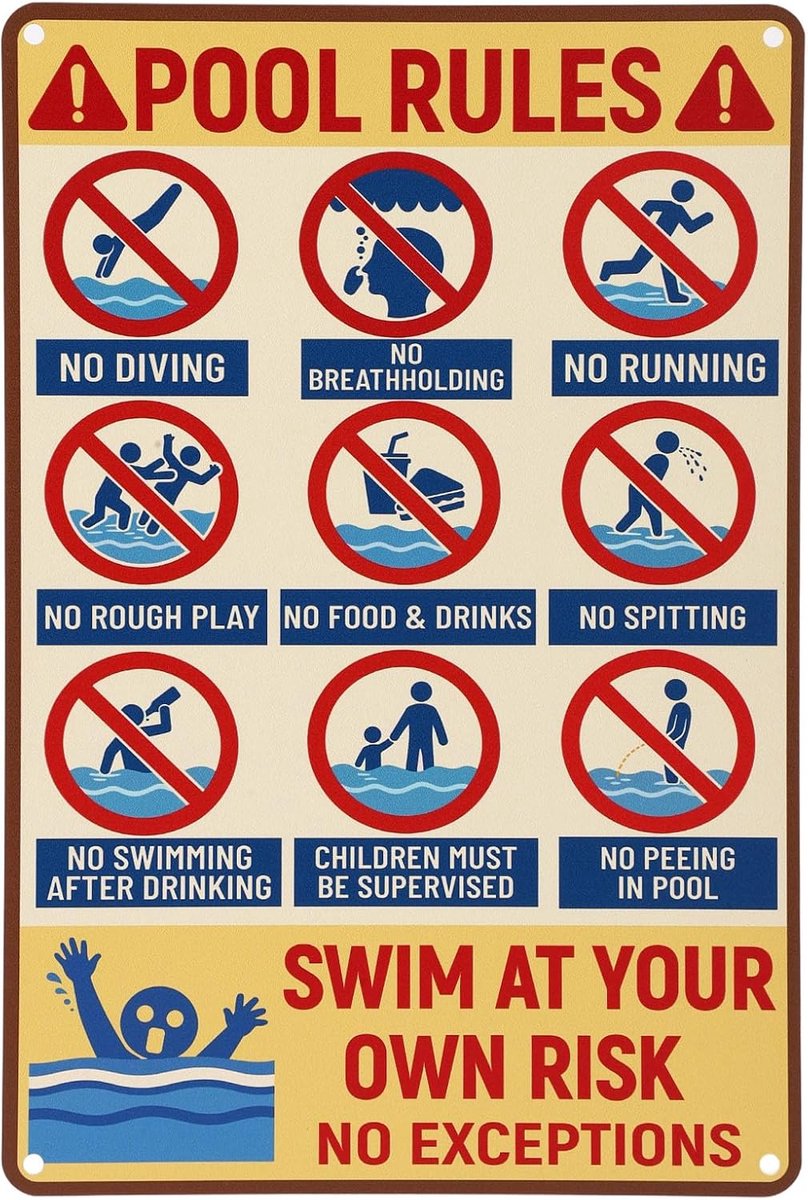 Zwembadregels Bord, 20x30cm Aluminiumlegering Zwemmen op Eigen Risico Geen Uitzonderingen Reflecterend en Waterdicht Bord Retro Zwembaddecoratie voor Buiten Terras Achtertuin Strandmuur
