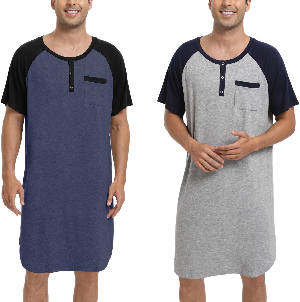 Nachthemd voor heren, pyjama-tops, T-shirt, knielang, V-hals, met knopen, korte mouwen, binnenkleding, zacht, comfortabel, grote maat M-4XL