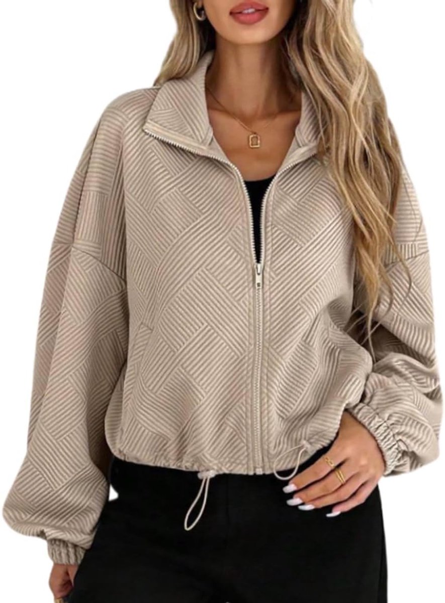 Damesjas met lange mouwen, ritssluiting, jacquard, casual sweatshirt met trekkoord