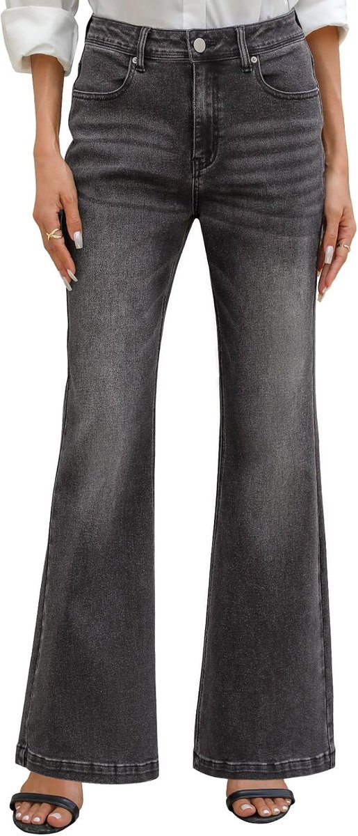 Jeans, flared, wijde pijpen, hoge taille, damesjeans, stretchbroek, comfortabele jeansbroek, casual broek