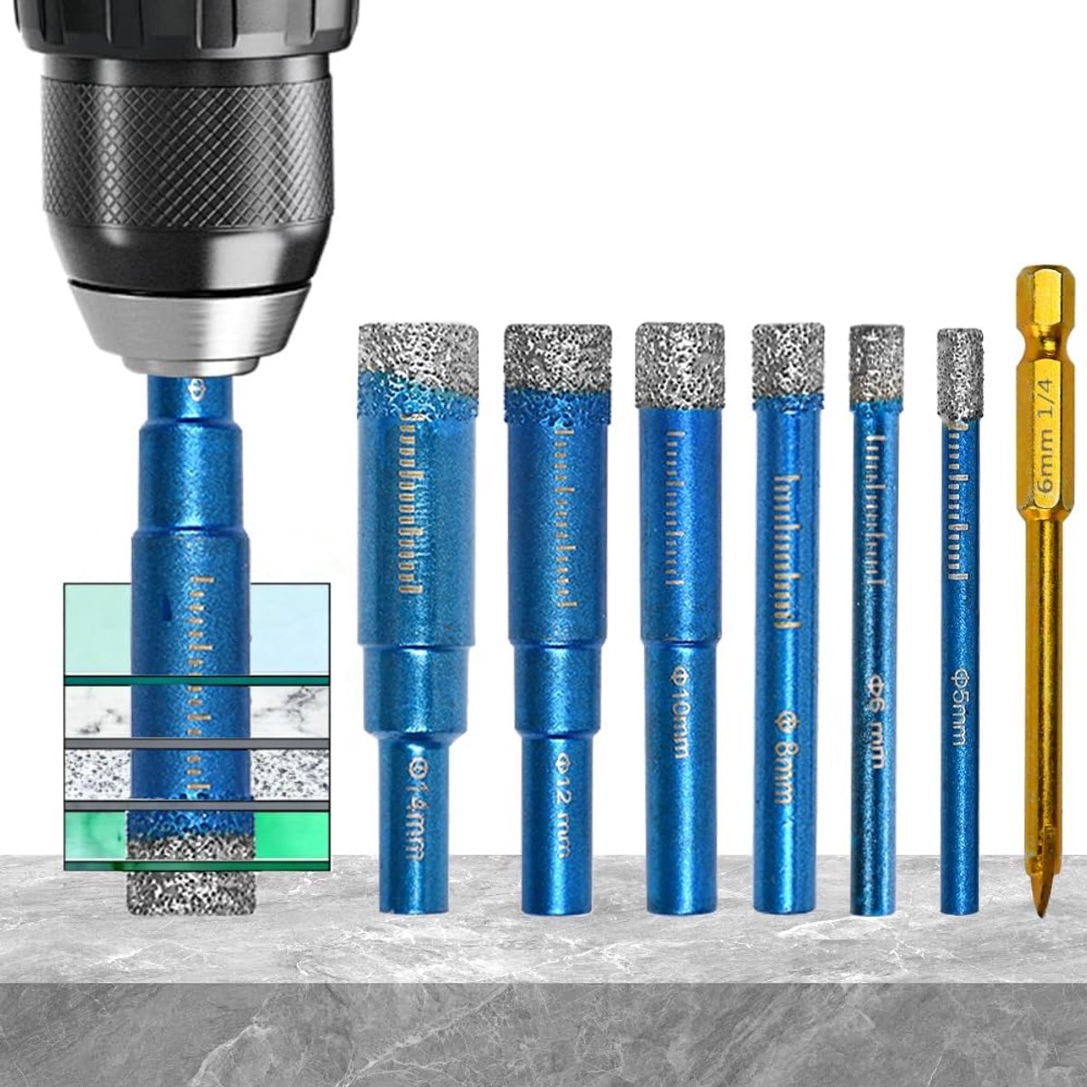 7 stuks tegelboorset glasboor 5/6/8/10/12/14mm diamantboor tegels tegelboor diamant boor steenboor boorset voor keramiek graniet glas porselein metselwerk marmer