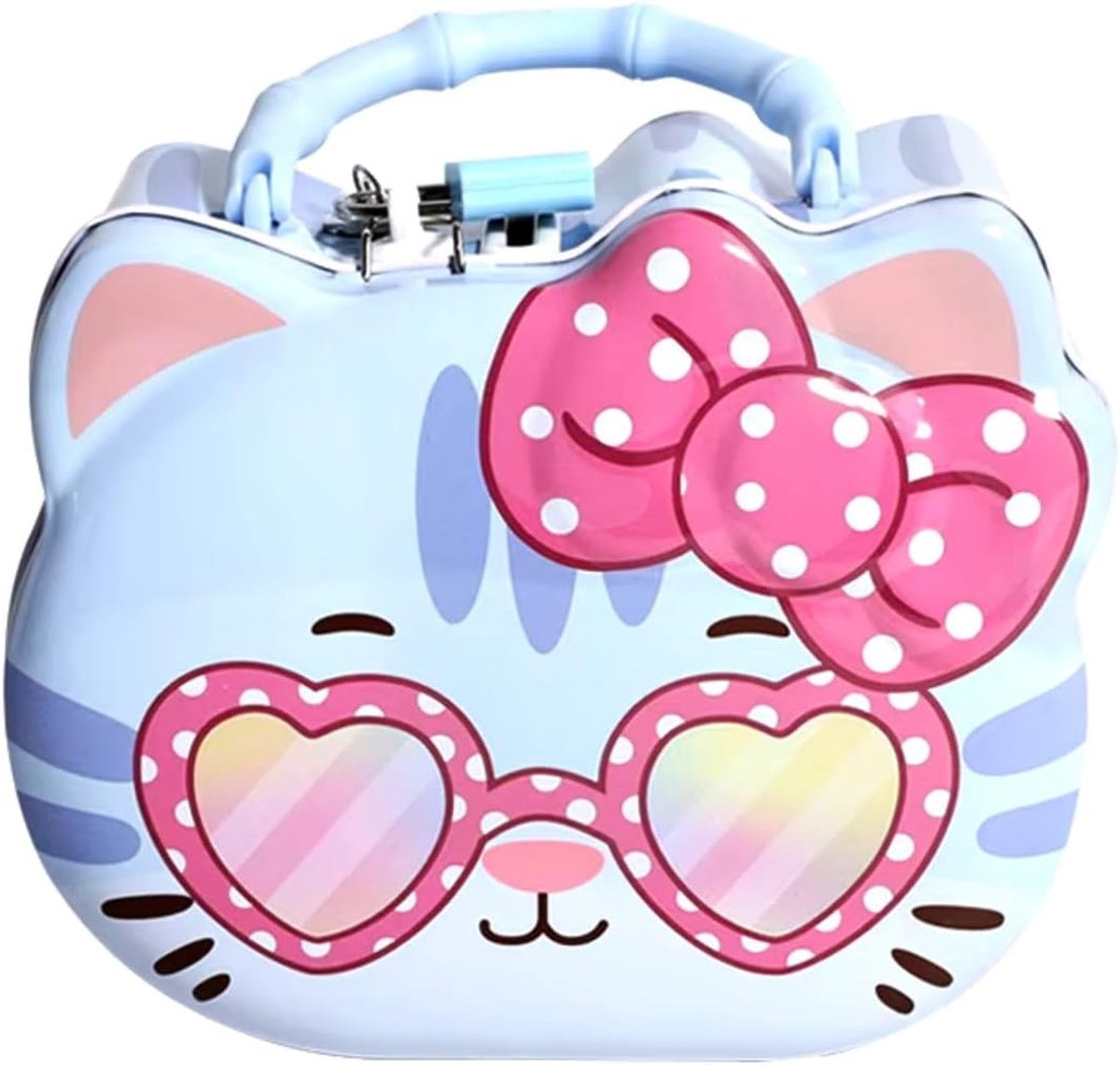 Metalen muntdoos met slot en sleutel, ideale maat voor jongens en meisjes (muntdoos met slot in de vorm van een kat blauw)