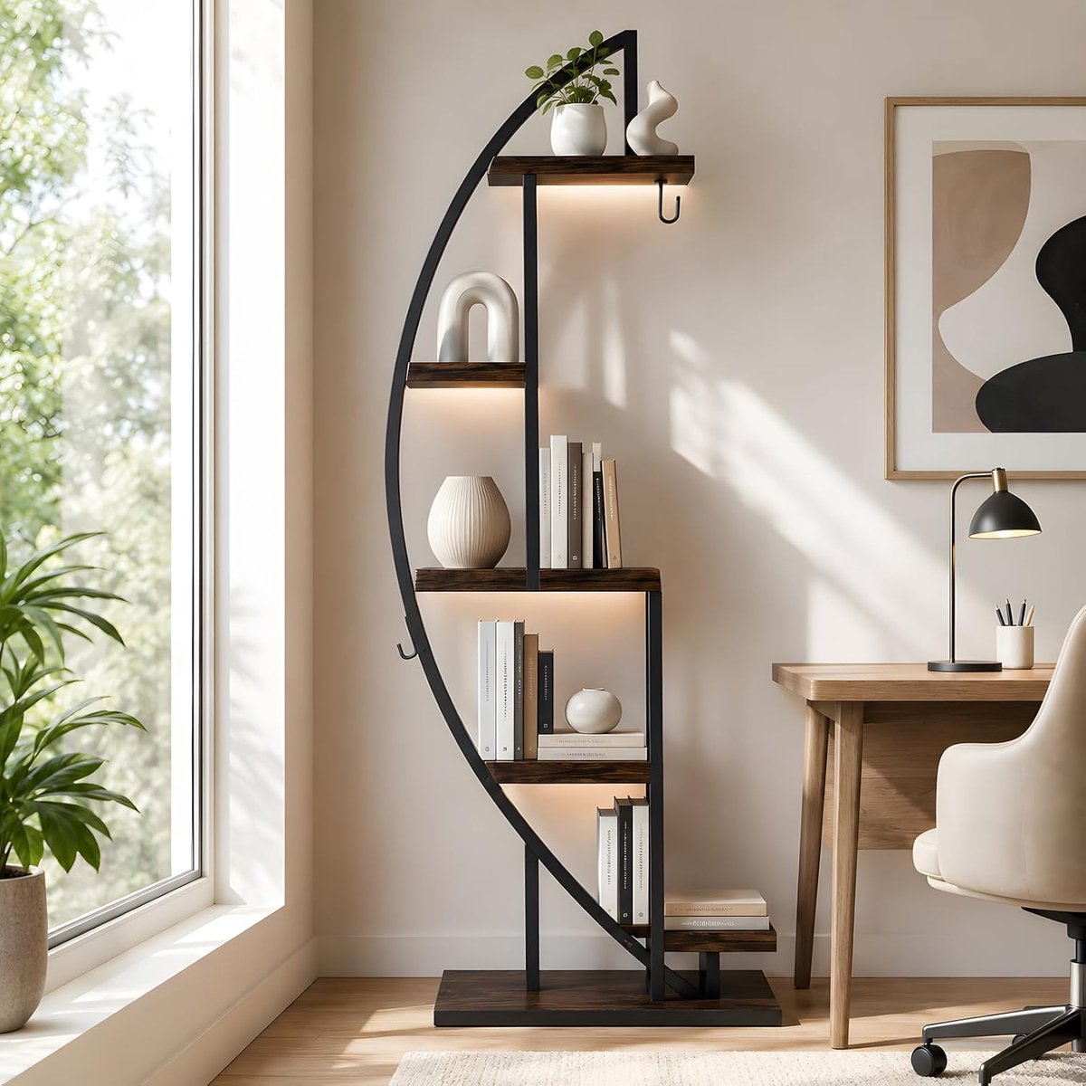 Hoekrek met LED Plantenlicht – Ruimtebesparend Smal Hoekmeubel, Boekenkast Halvemaan Hout en Metaal voor Woonkamer, Hal of Slaapkamer, Hoogte 160 cm