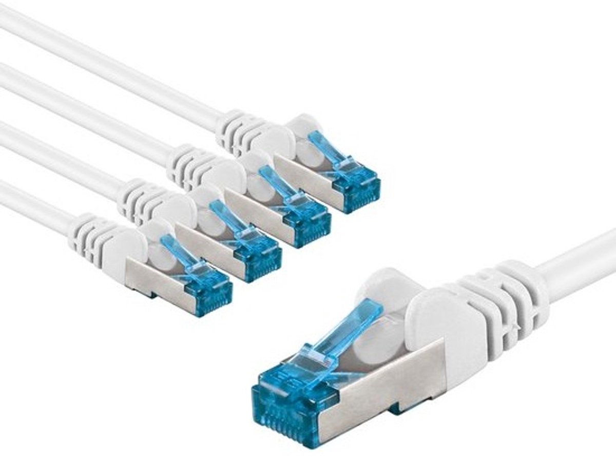 Thijox - CAT 6A netwerkkabel set van 5 - Afgeschermde S/FTP/CU Ethernet-kabel - 10 Gbps snelheid - 1 meter wit - Perfect voor gaming en streaming