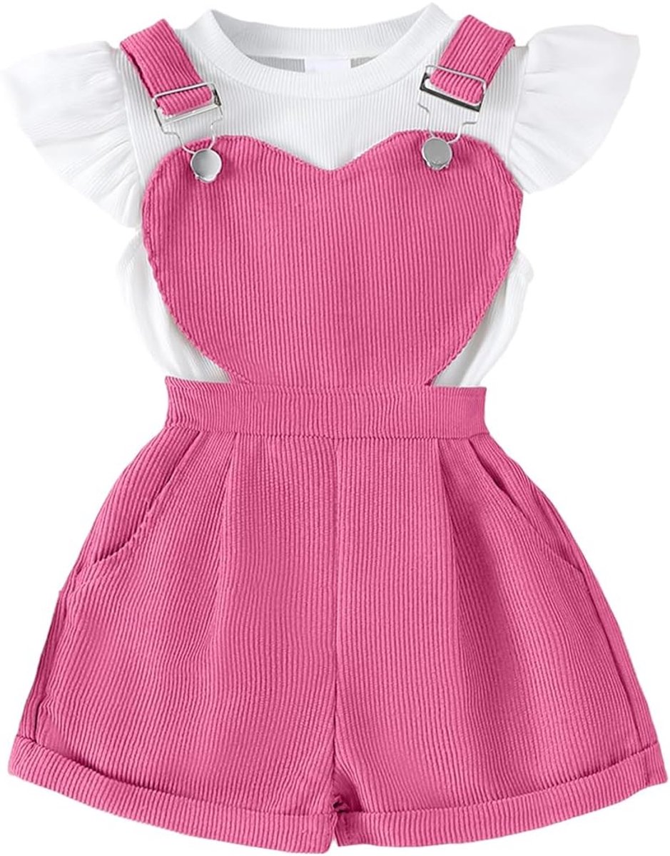 Kleding voor kleine meisjes, ronde hals, bovendeel met mouwen, eenkleurige shorts met hartvormige bandjes