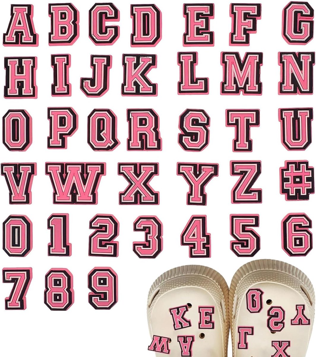 Bedels voor Klompen, Rohans Alfabet Letter en Cijfers A - Z 0-9 Schoenbedels Jiblets Crocs Decoratie, Roze PVC Schoendecoratie Accessoires voor Kinderen, Volwassenen, Tieners