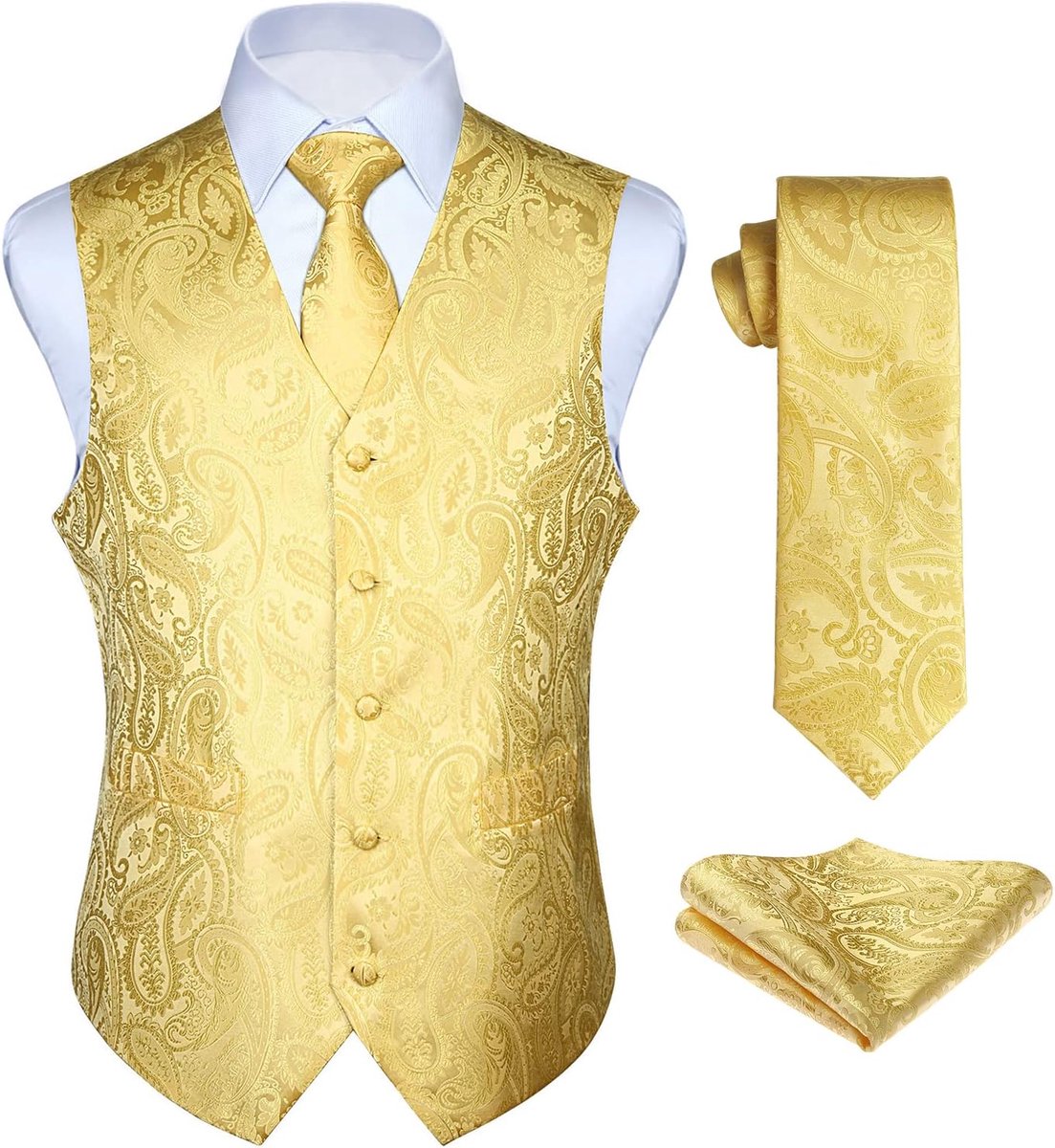 Gilet voor heren, paisley-gilet voor bruiloft, stropdas, pochet, bloemenpatroon, jacquard feestpak, set met gilet