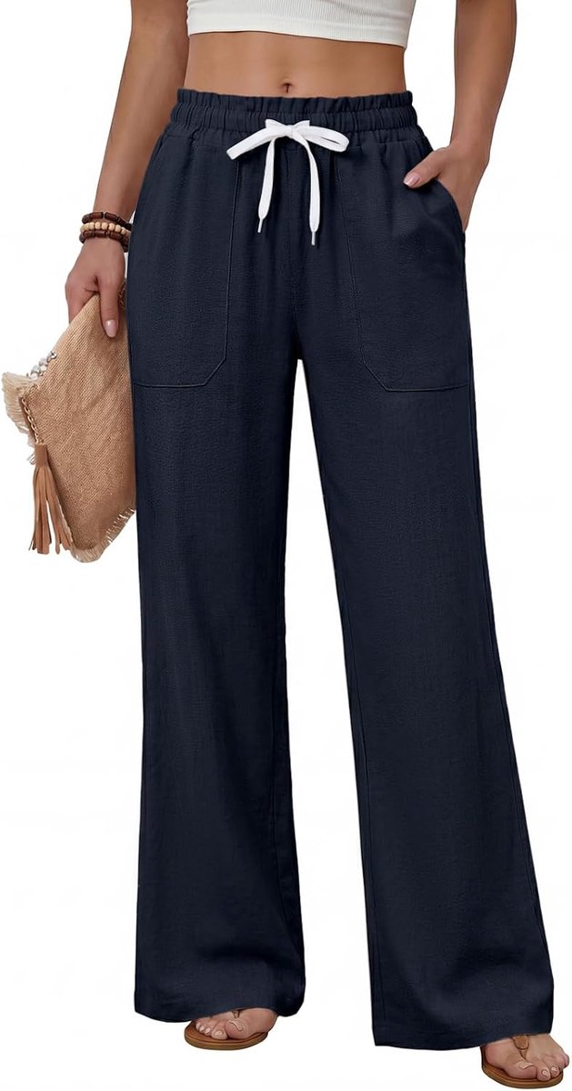 Heekpek Dames zomerbroek losse lichtgewicht comfortabele dames rechte pijp broek elastische taille trekkoord casual broek voor vrouwen UK