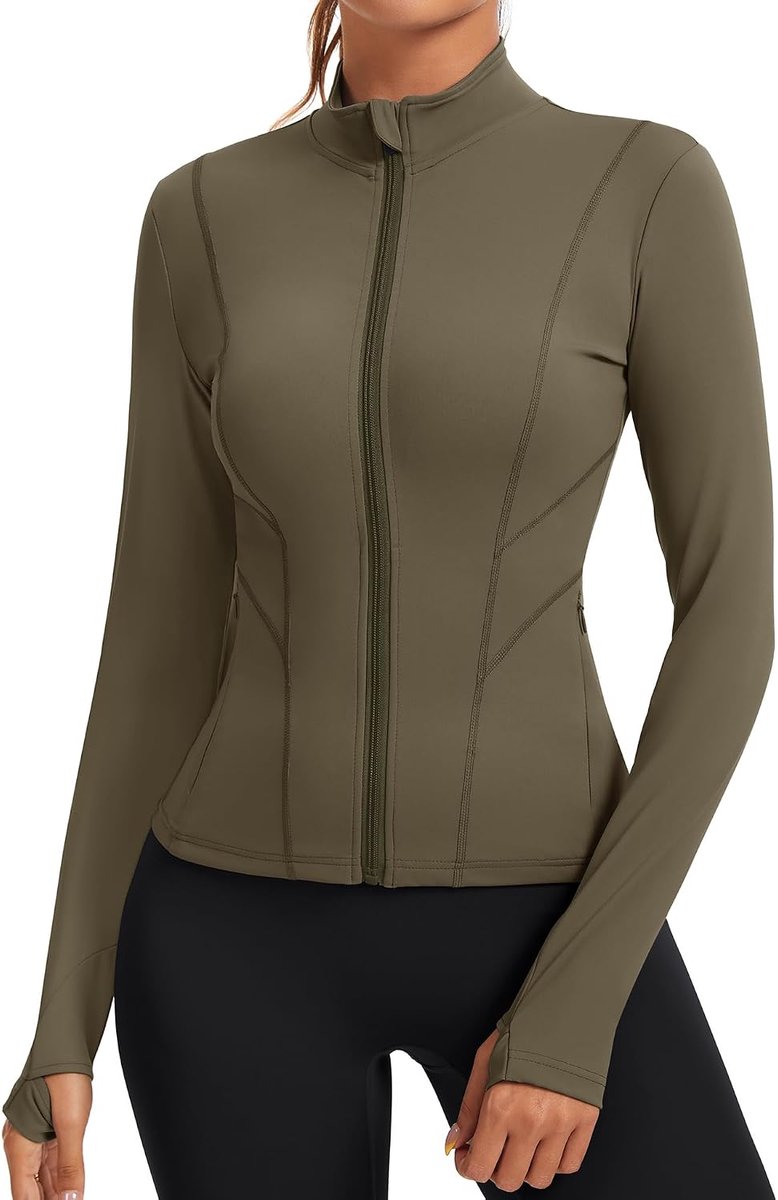 Sportshirt voor dames, lange mouwen, trainingsshirt, ademend hardloopjack met ritssluiting, zijzakken en duimgaten