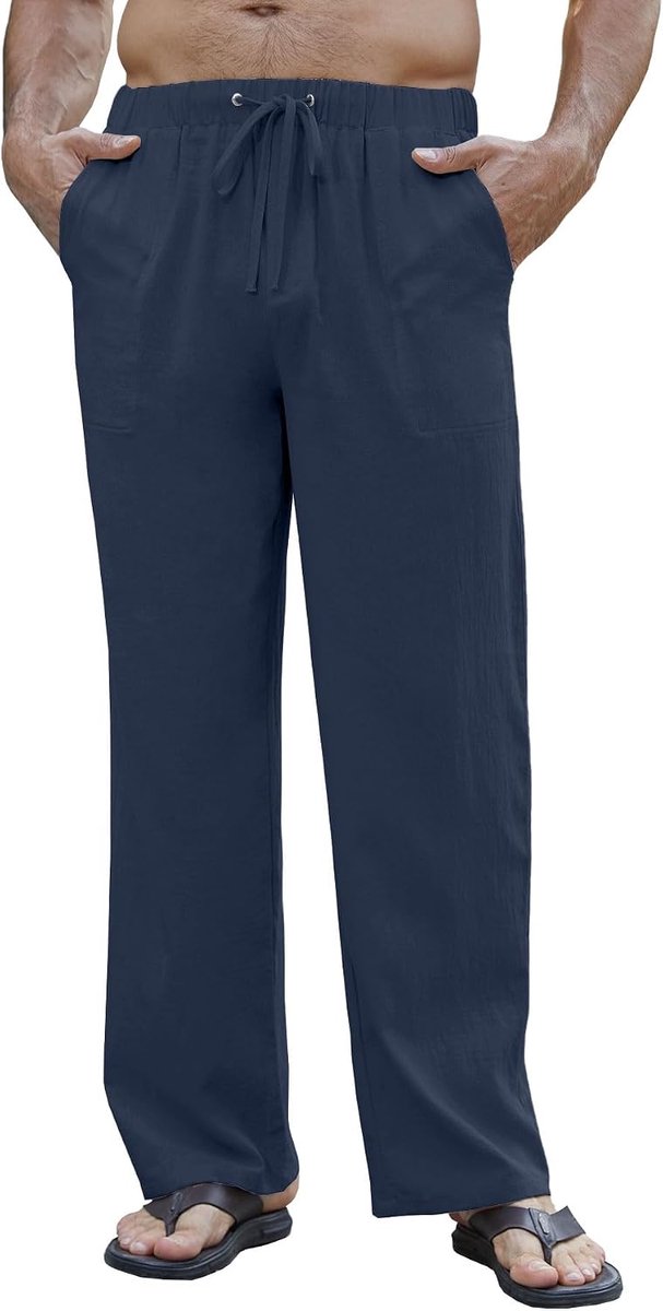 Katoenen linnen broek voor heren, lange zomerbroek, licht, casual, ademend, strandbroek, losse pasvorm, broek met elastische tailleband en vier zakken