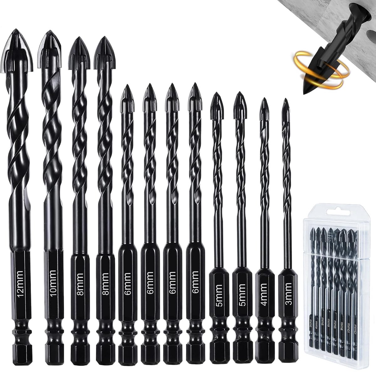 Tegels 12 Stuks, Porselein Boor Met Zeskantige Schacht 1/4", Carbide Punt 4 Snijkanten Voor Glas Keramiek Beton Baksteen Hout, Maten 3mm 4mm 5mm 6mm 8mm 10mm 12mm Universele Boortjes
