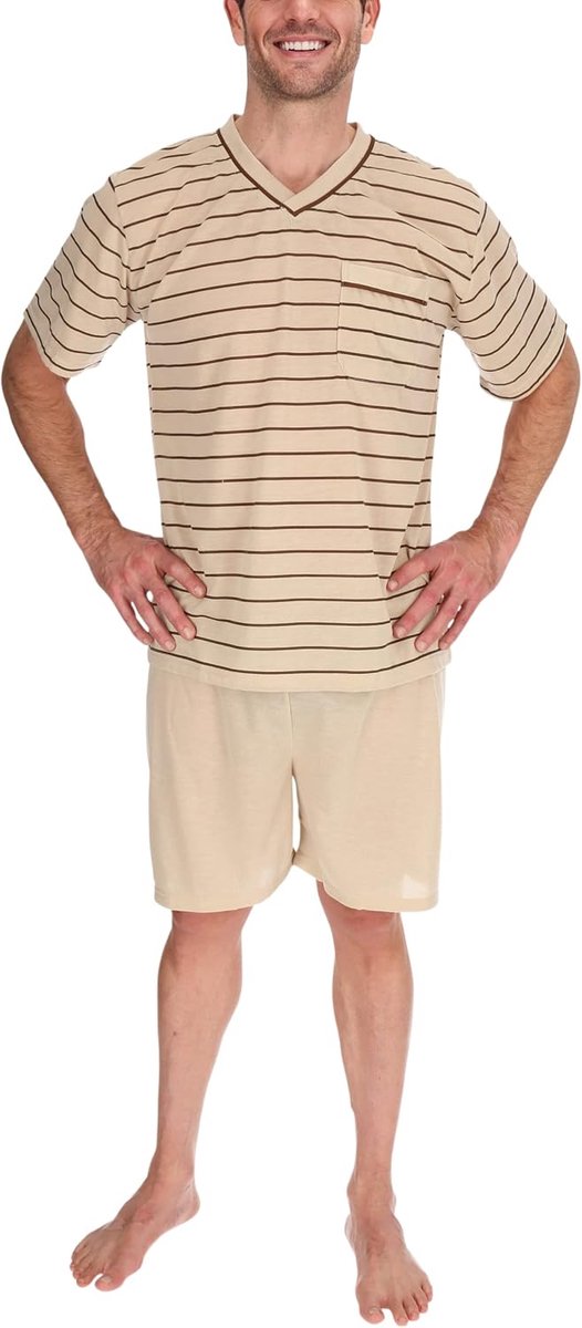 Pyjama heren kort shirt en broek pyjama slaapkleding nachtkleding nachtkleding, maat: XXL, kleur: beige, Pyjama-kort beige, XXL