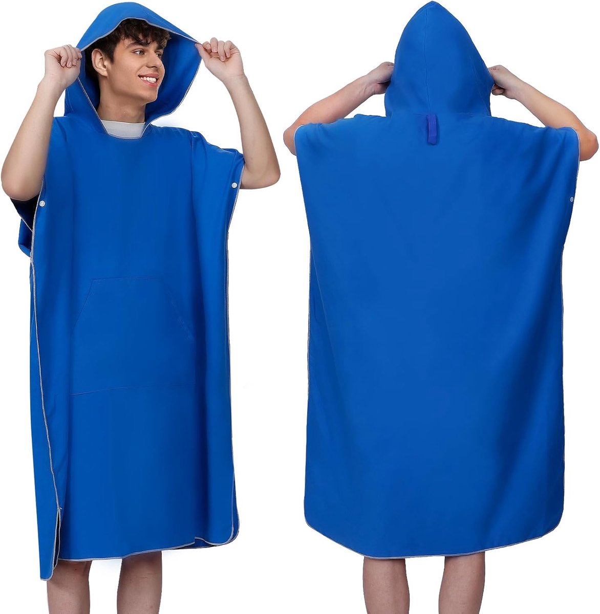 Badponcho, poncho handdoek, surfponcho uit microvezel, sneldrogend en ultralicht, lange omkleedhulp met capuchon voor heren en dames, omkleed handdoek voor strand, surfen (L)