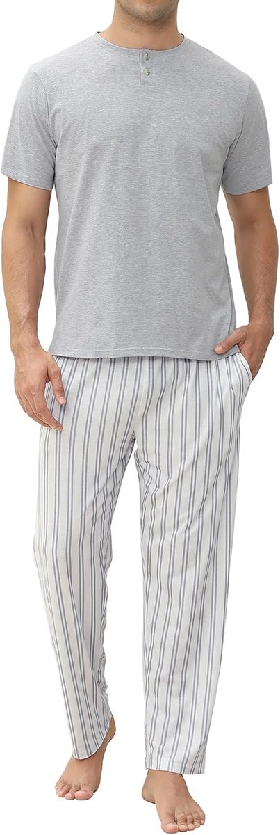 Katoen, korte mouwen en broek, 2-delige pyjamaset, zacht, comfortabel, loungewear, O-hals, herennachtkledingset met zakken