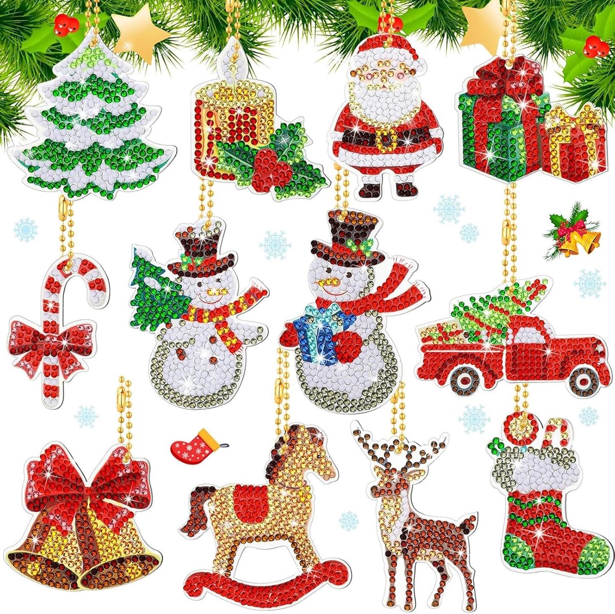 Set van 15 diamantschilderen, 5D Diamond Painting hangers, kerstdecoratie, knutselen, voor kerstdecoratie, kerstboom, raam, hangend, winterdecoratie