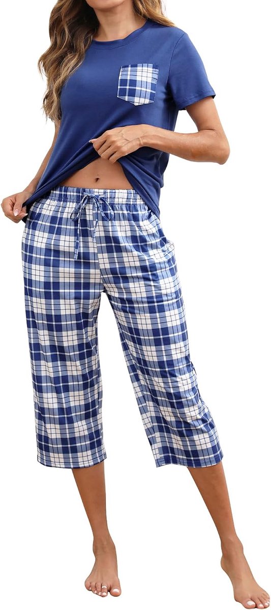 Damespyjama van katoen, tweedelig, 3/4-broek, korte mouwen en geruit, piratenhuiskleding, zacht en ademend, S-XXL