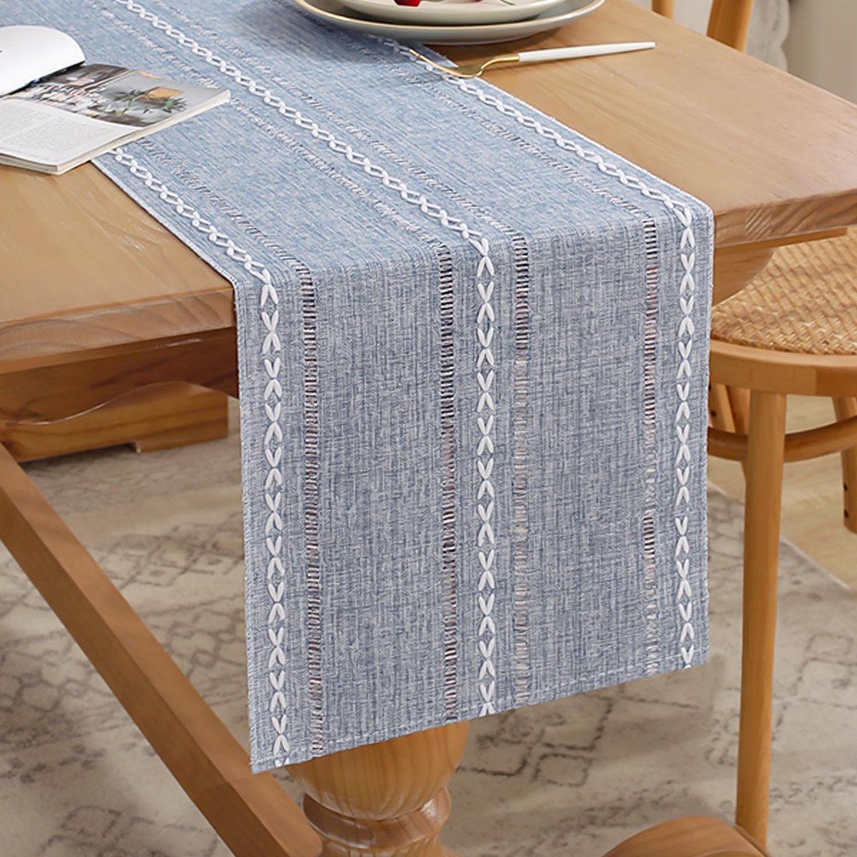 Tafelloper, blauw/grijs, modern, 33 x 120 cm, boho, tafelkleed, polyester, katoen, stof, rechthoekig, wasbaar, bruiloft, decoraties, tafels voor woonkamer, meubels, keuken