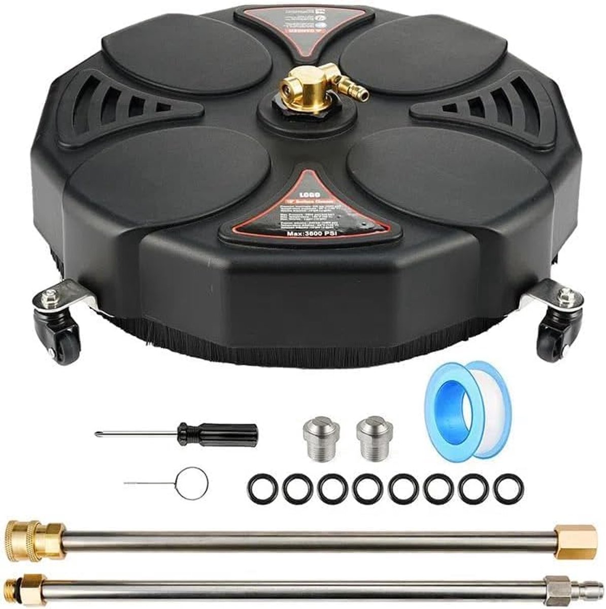 Hogedrukreiniger, oppervlaktereiniger, 45,7 cm, 3600 PSI, met 4 wielen, 2 verlengbuizen, 2 reservemondstukken, zwart (42 cm)