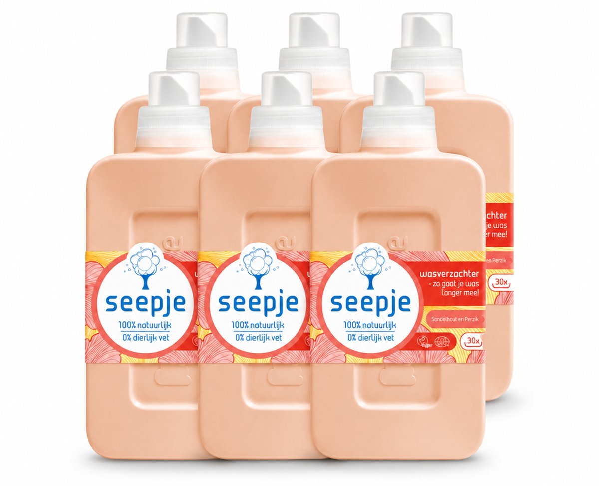 6 x Seepje - Wasverzachter - Verzorgt en Verfrist - Sandelhout en Perzik - 30 Wasbeurten - 750 ml - Voordeelverpakking - 6 stuks