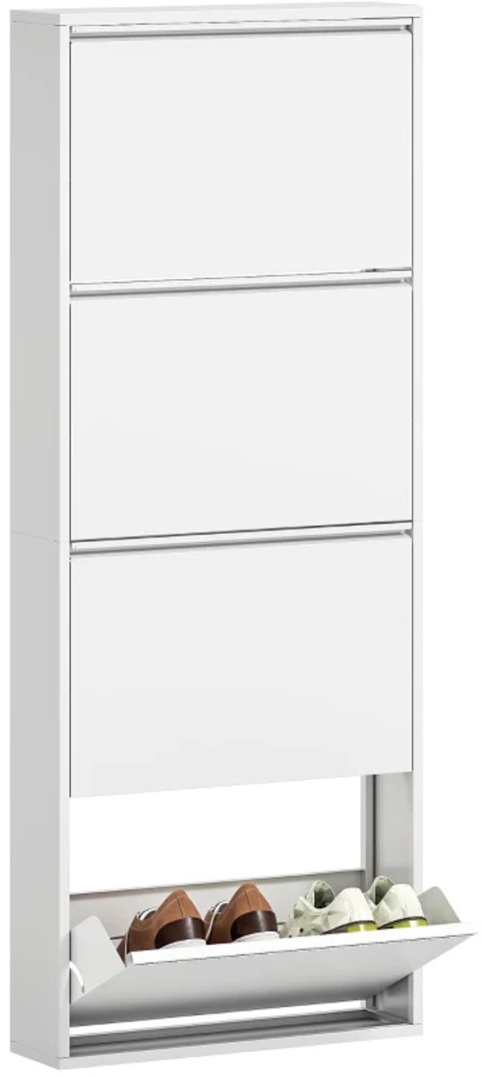 ZYLARO Schoenenkast - Smal - Metaal - Voor Maximaal 8 Paar Schoenen - 4 Kantelladen - Voor Hal En Entree - Wit