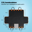 Couverture pour chien XXL dépliée avec dimensions indiquées. Noir avec bordure orange, pliable pour le rangement.