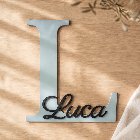 Gepersonaliseerd naambordje kinderkamer met naam en initiaal – Babyblauw/Zwart – Keuze uit lettertypen — afbeelding 3