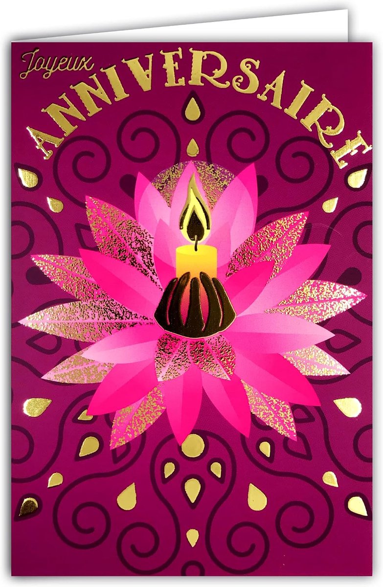 65-1407 verjaardagskaart, motief: lotusbloem, roze en goud, glanzend, licht, ontspanning, wellness, meditatie, zen, met witte envelop, formaat 17,5 x 12 cm
