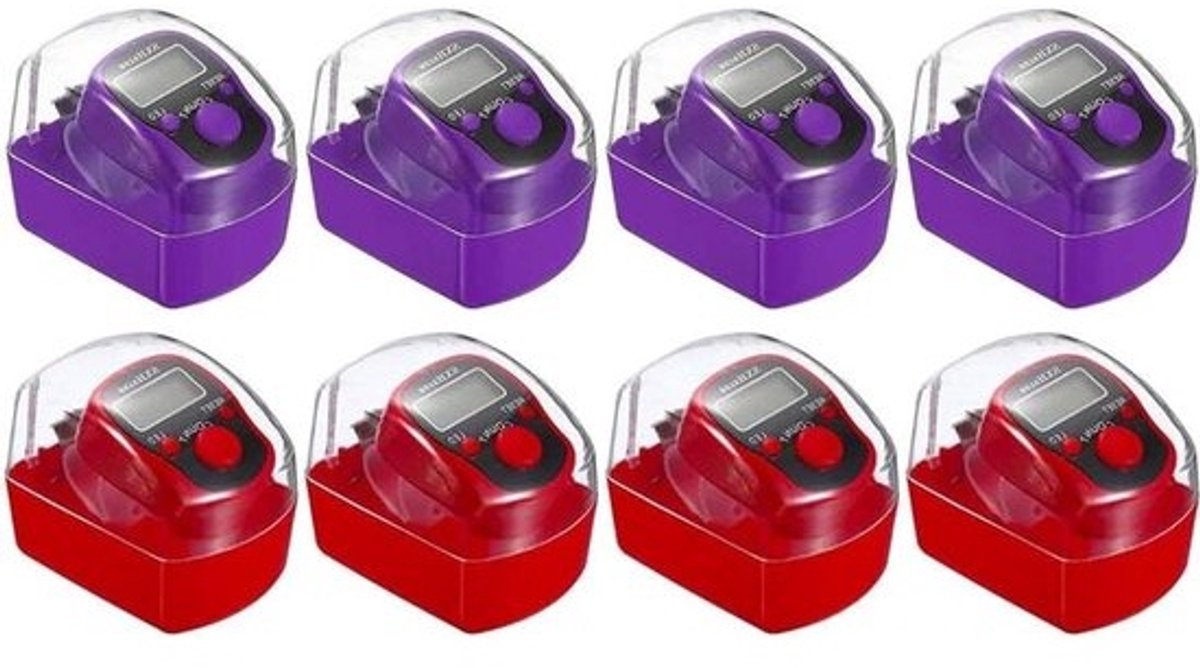 8 Stuks LED Handmatige Tellers, Digitale Vinger Tellers voor Sport, Fitness en Oefeningen, 5-Cijferige Telapparaten met Opbergdoos, Geschikt voor Golf en Training (Paars, Rood)