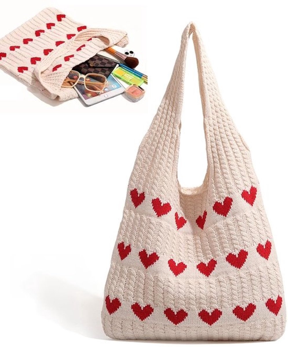 Dailygoods - Gebreide schoudertas, gebreide tas, gehaakte tas, tote bag, strandtas, schoudertas, geweven tas, crochet bag voor tieners en meisjes, hartvormig, wit