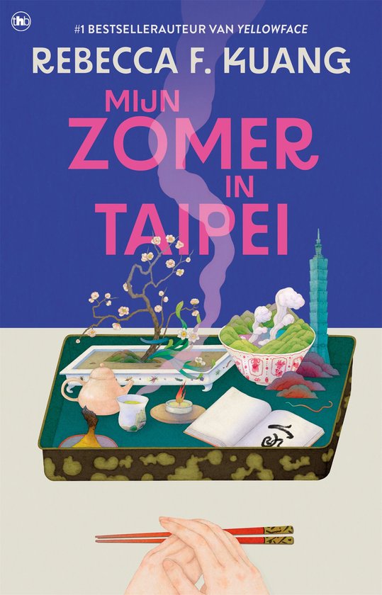 Boek 'Mijn Zomer in Taipei' met op de cover een illustratie van een dienblad met een theepot, kopje, schaal met eten en een open boek.