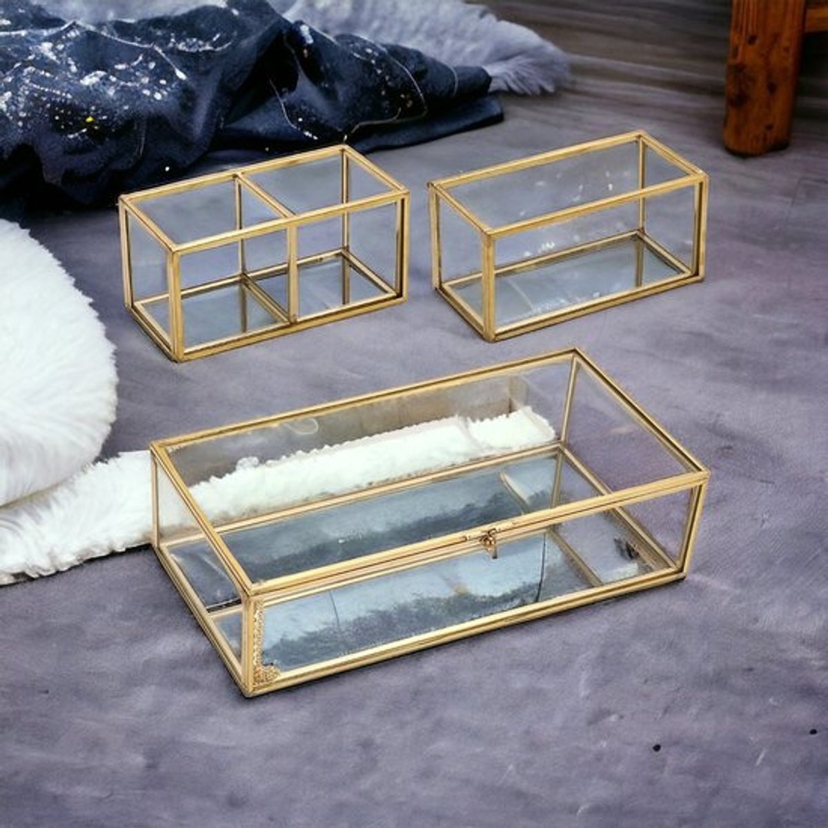 Retro metalen en glazen sieradendoos, 3-laags organizer, make-upkwasthouder, voor damesjuwelen, ringen, juwelendoos (goud, rechthoekig)