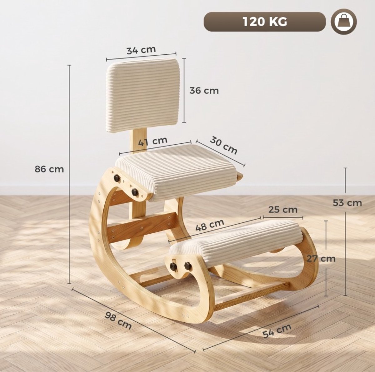 DESMIU Bureaustoel 98 x 54 x 86 cm - Ergonomische Knieststoel Met Rugleuning - Voor Thuis Kantoor En Meditatie - Ribstof Hout Crèmewit