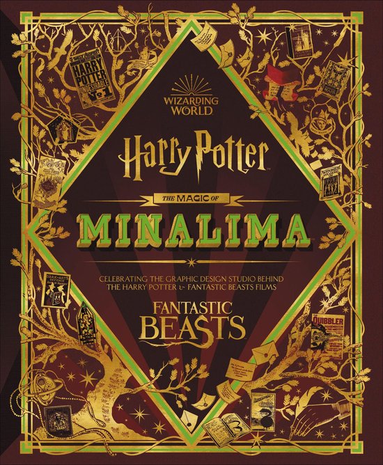 Couverture du livre 'Harry Potter: The Magic of Minalima', en or et vert, avec des illustrations des films Harry Potter et Fantastic Beasts.