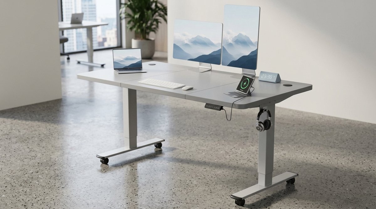 Elektrisch Bureau 120 x 60 cm – In Hoogte Verstelbaar Zit-Sta Bureau met USB-A, Geheugenfunctie, Anti-Botsing en Kabelmanagement – Ergonomisch Computerbureau voor Thuiswerken, Kantoor en Gaming – Grijs – Medahomestore