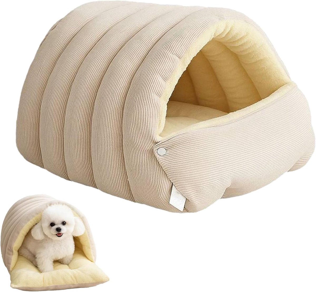 YAGXIG 3-in-1 Afneembaar Warm Huisdierhol - Zacht, Halfgesloten en Comfortabel Kattenhuis - Winterverblijf voor Huisdieren - Klein Huisdierbed - Geschikt voor Binnenkatten - 45 * 30 * 19 cm - Beige