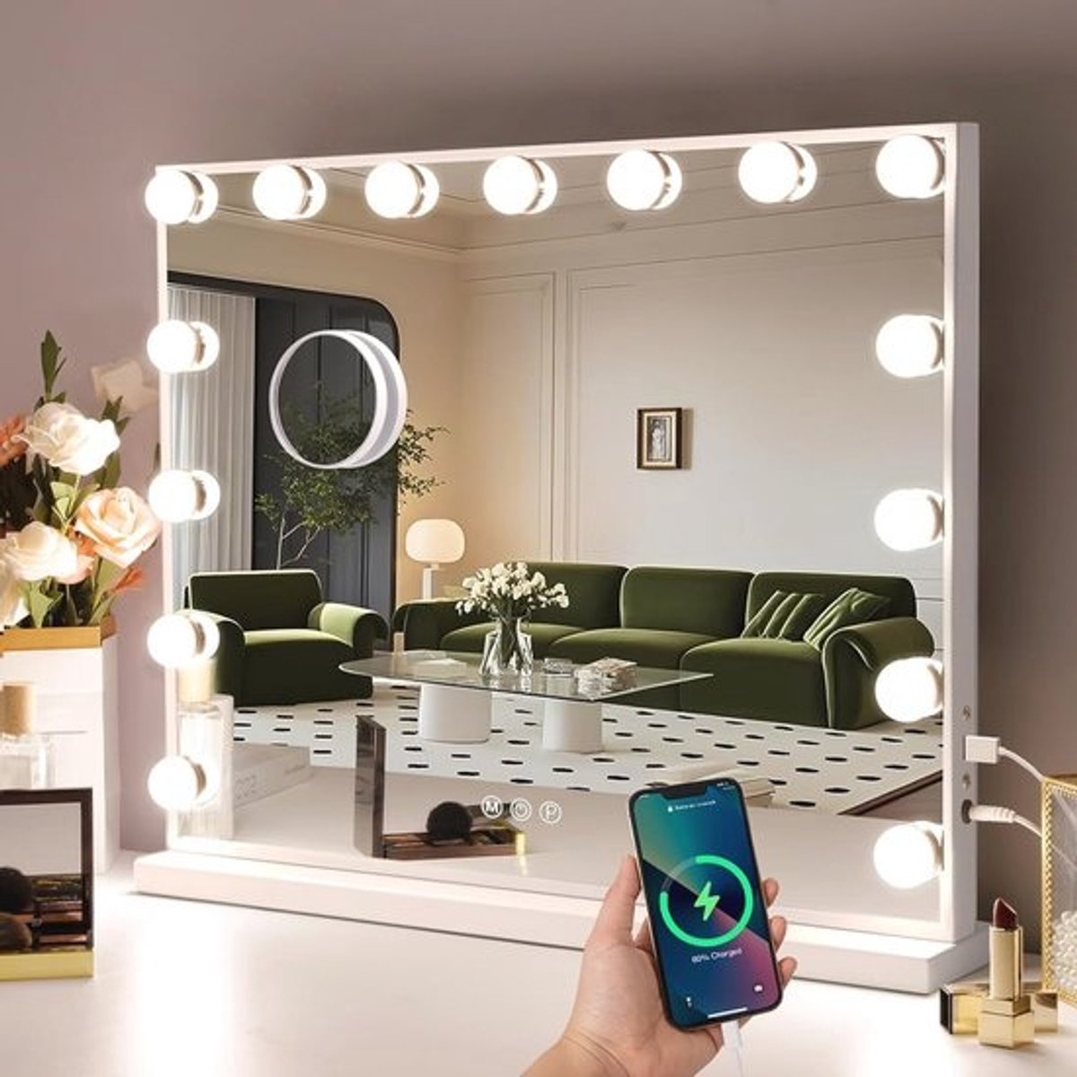 Vanity Spiegel met USB Oplaadpoort- 15 LED lampen- Verlichtingsmodi- Verlichte Vanity Spiegel- Kleedkamer- Slaapkamer- Tafelblad- Wand Gemonteerd- 58*46 CM