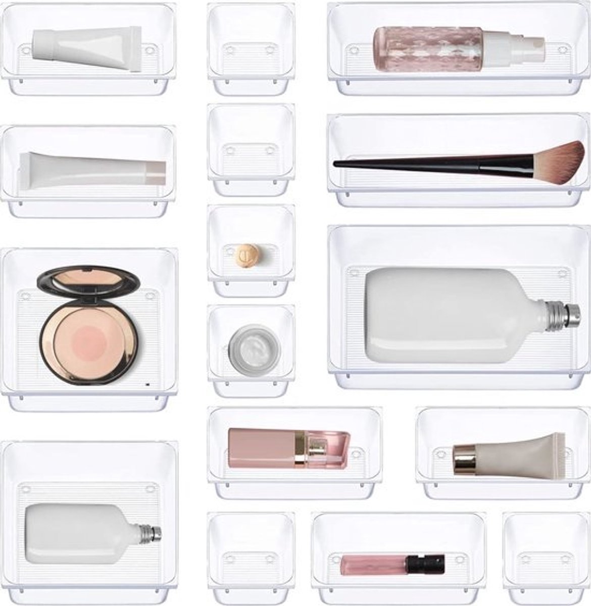 Lade-organizer set - 16 transparante opbergdozen in 5 maten voor make-up, kantoor en keuken