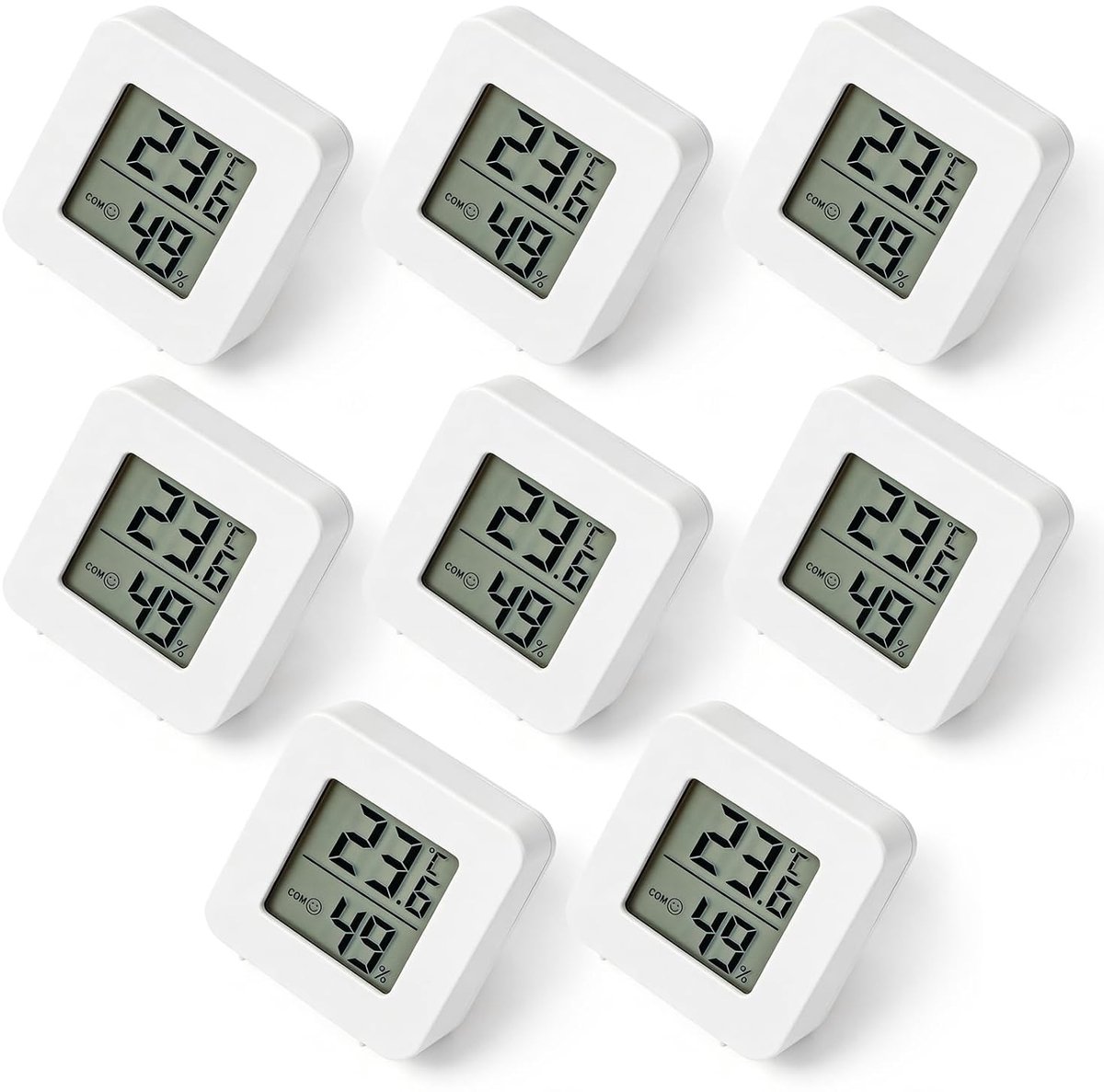 Digitale thermometer en hygrometer voor binnen, set van 8, met lcd-display en smiley-indicator, wit