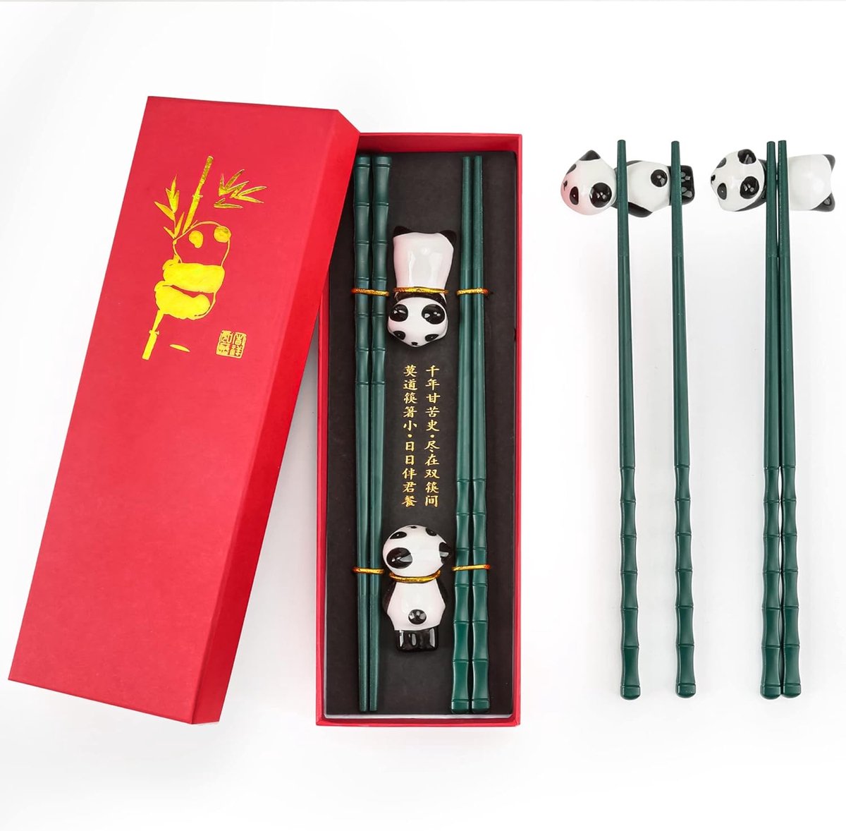 Eetstokjes Met 2 Panda-Stokjeshouders, Herbruikbare Antislip, Vaatwasmachinebestendig, Cadeau voor Panda-Liefhebbers (Groen)