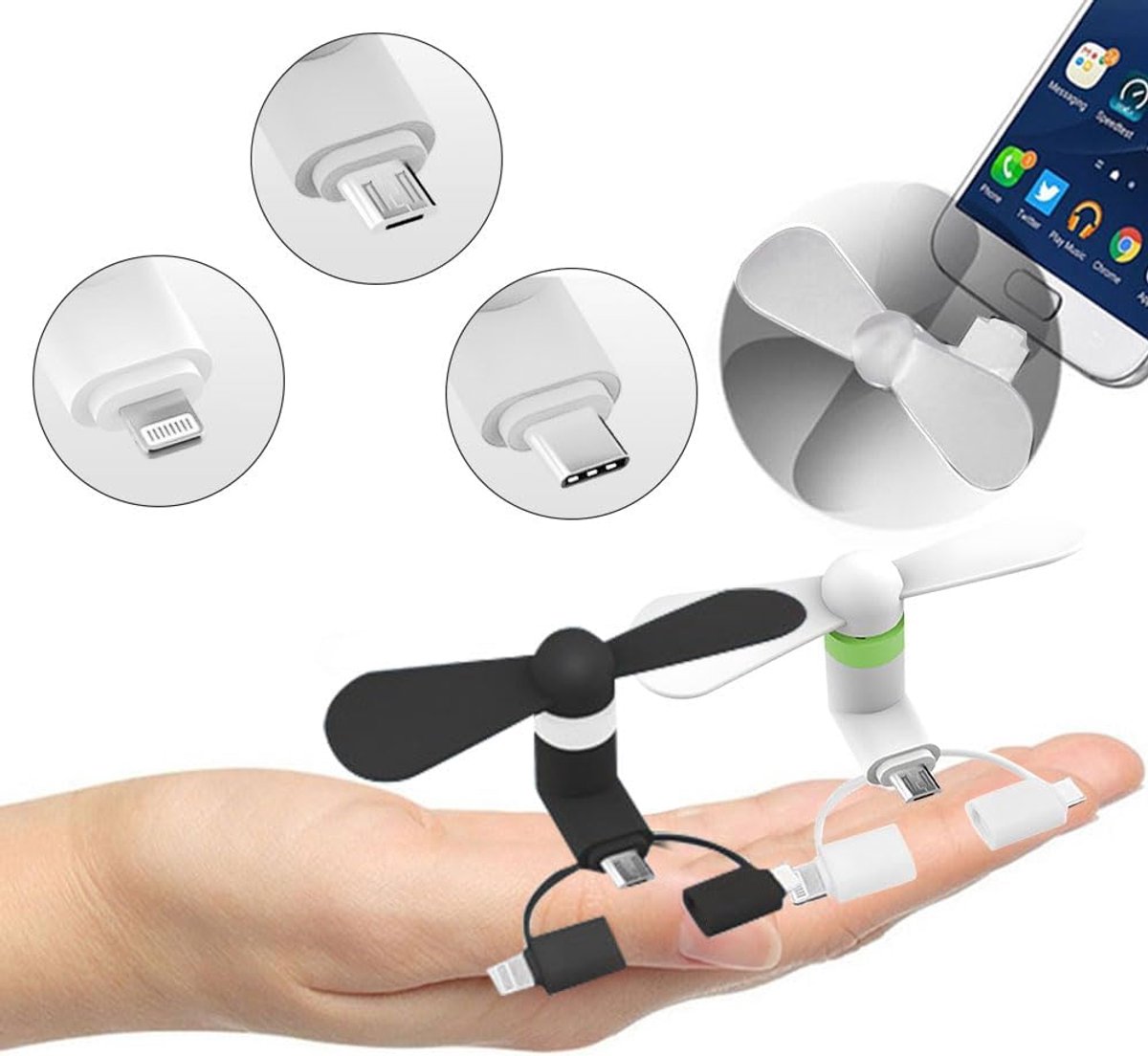 2 stuks 3-in-1 USB-ventilator voor mobiele telefoon, compatibel met iPhone/iPad/Android-smartphone/tablet, micro-USB/type C/Lightning-poorten