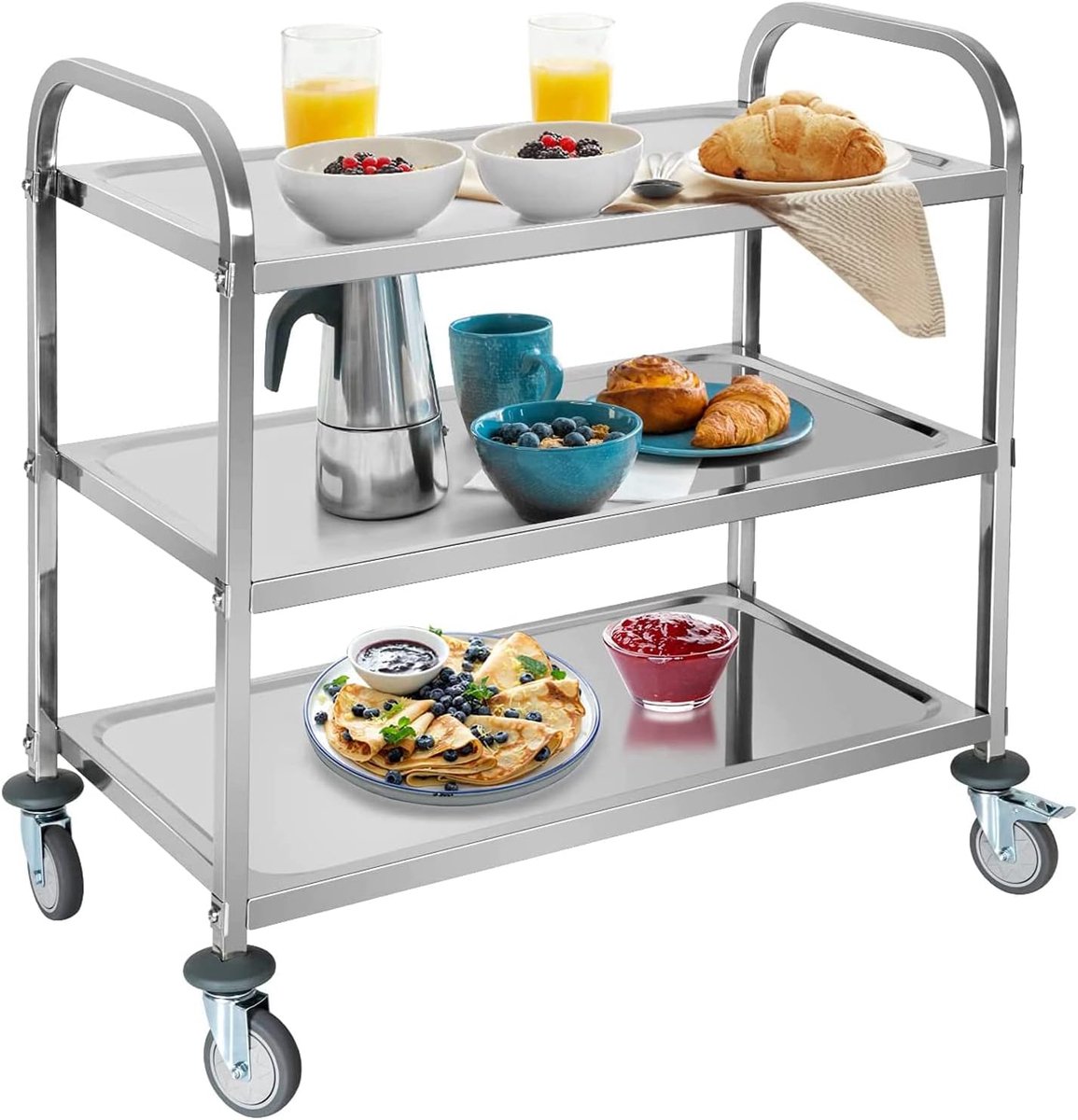Serveerwagen 3 etages keuken rolwagen roestvrij stalen trolley met wieltjes keukenwagen op wielen met roestvrij staal 95 x 50 x 95 cm etenswagen, belastbaarheid 240 kg